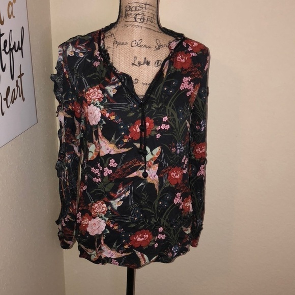 Jessica Simpson Keilani Black Floral Ruffle Sweet Bird Print Blouse Size S - Picture 1 of 8